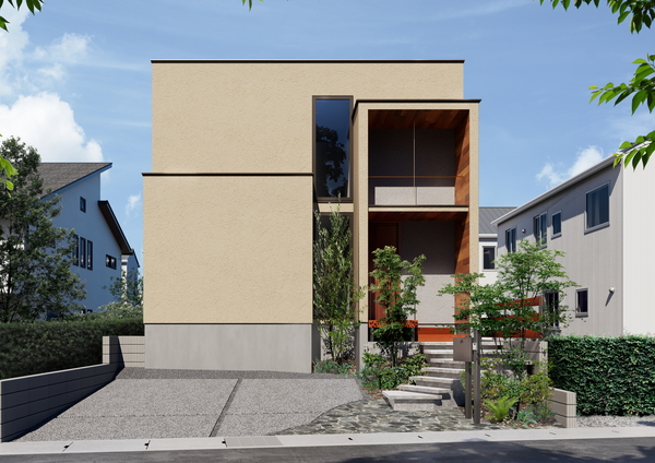 塗り壁と木の板が印象的な外観は、砂色で落ち着いた印象