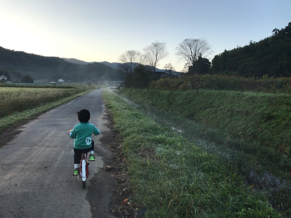 朝の土手を自転車ではしる息子