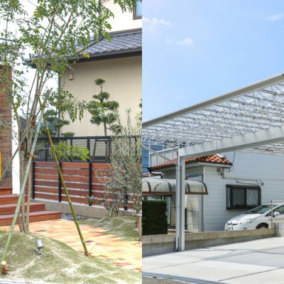 岡崎市と豊田の注文住宅の外構。岡崎の家は、植物に囲まれてレンガの小道が玄関に続くアプローチ。豊田の家は車3台駐車可能な大きなカーポートとコンクリートの土間をデザイン、施工しています。
