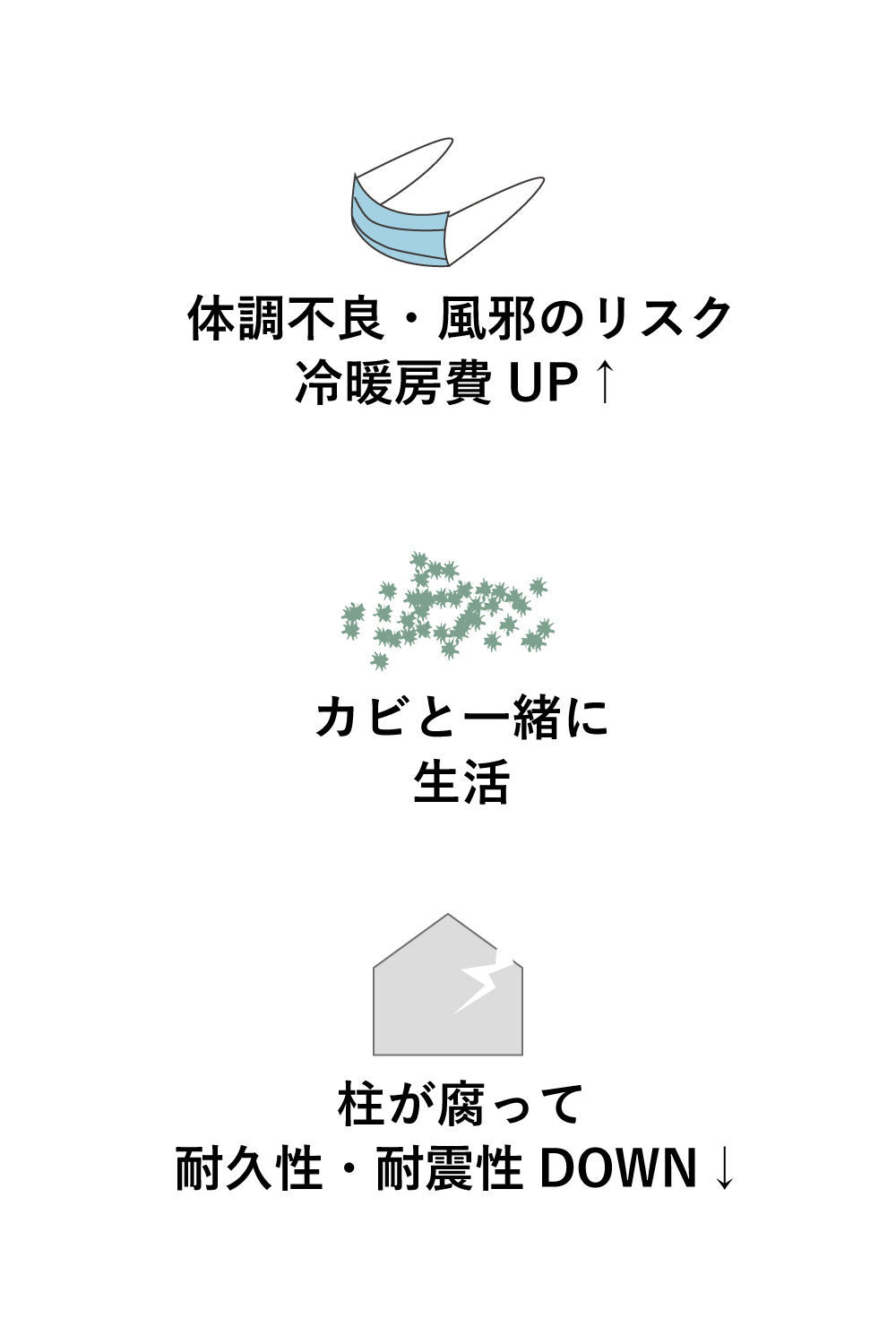 壁の中の結露による被害、健康や光熱費への被害、カビと一緒に生活する、家の耐久性の低下