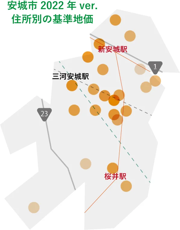 2022年の安城市内の場所別坪単価をマッピングした図