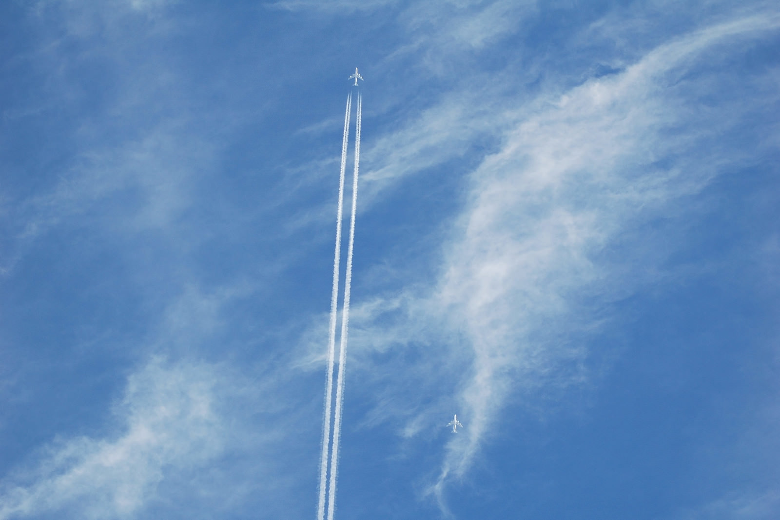 空に真っすぐ描かれた飛行機雲