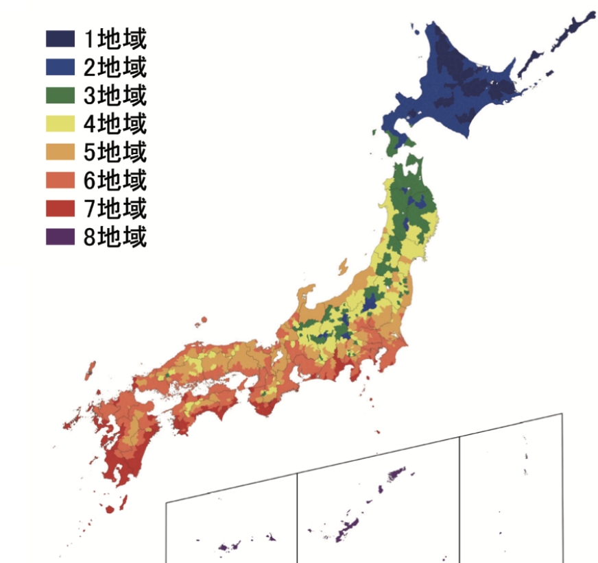 国土交通省からの地域区分の地図。愛知県の多くの地域が6地域であることがわかる