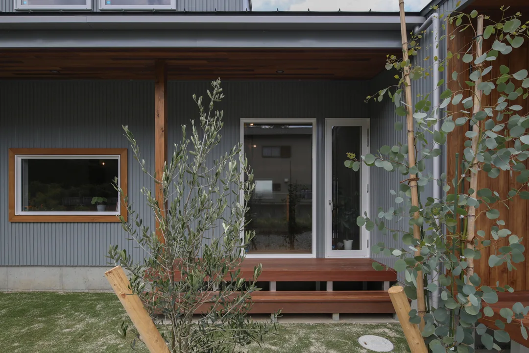 グレーの外壁の家に、白い窓枠が3枚横並びになっている。うち二つは床から2mほどの縦に大きい窓、一番右側はテラス戸になっていて、テラス戸からはウッドデッキに出られる。ウッドデッキの下には芝生。手前左側はオリーブ、手前右側はユーカリポポラス
