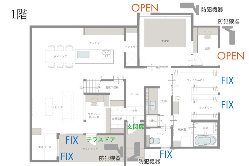 防犯機器を取り付けた間取り図のイメージ