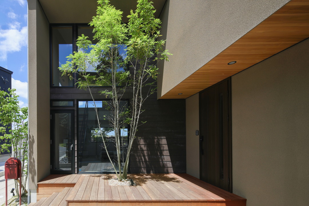 家の外観。ウッドデッキから木が生えている。気の後ろには窓がある