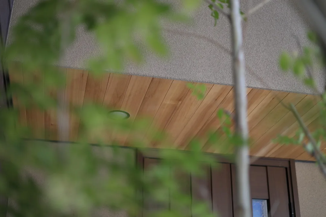 住宅の軒下のクローズアップ。木の枝葉越しに見える木製の軒天と、玄関ドア。壁は濃いベージュの塗り壁。