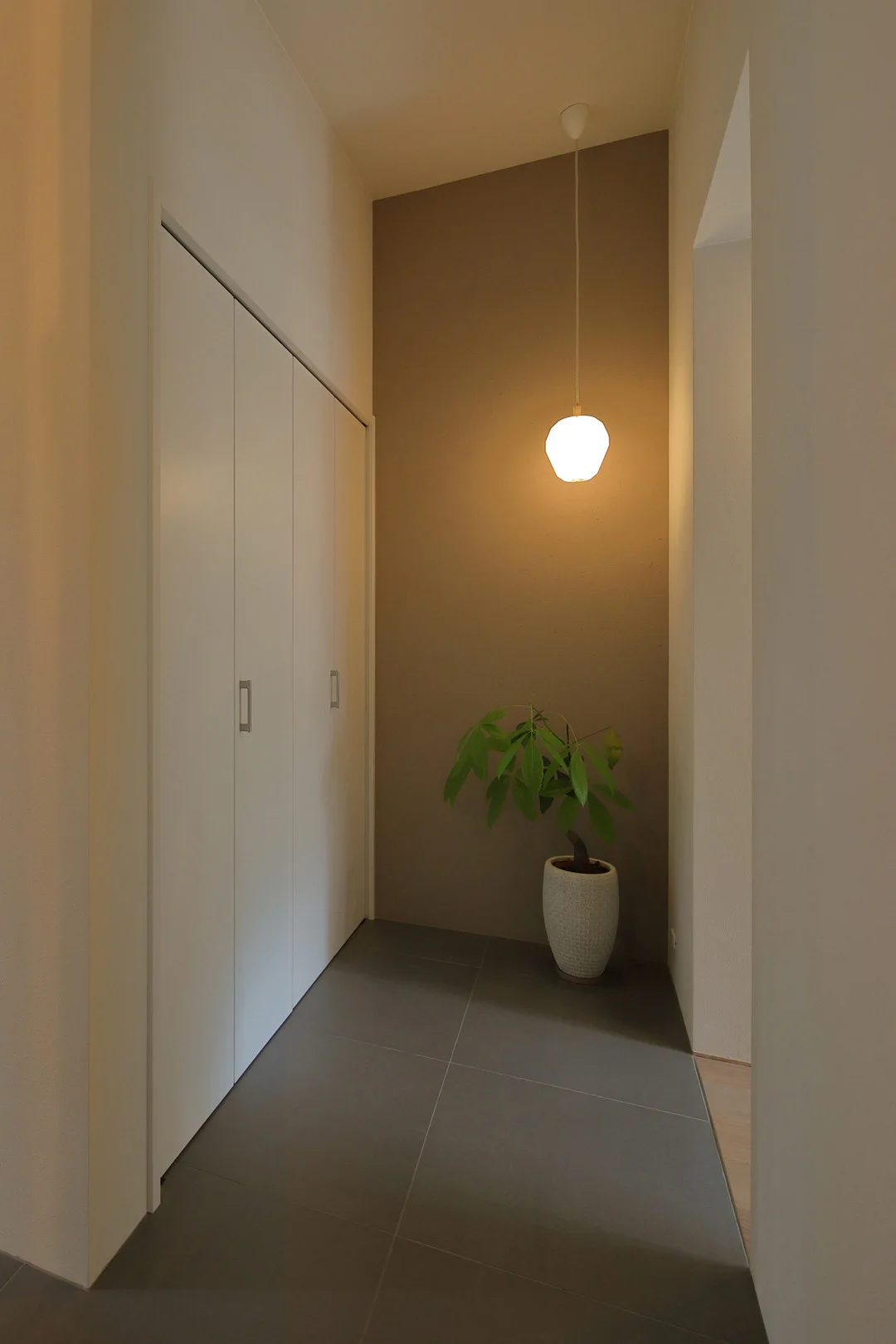白い扉のクローゼットと観葉植物が置かれた、シンプルでモダンな玄関ホール。天井からはペンダントライトが吊るされている。