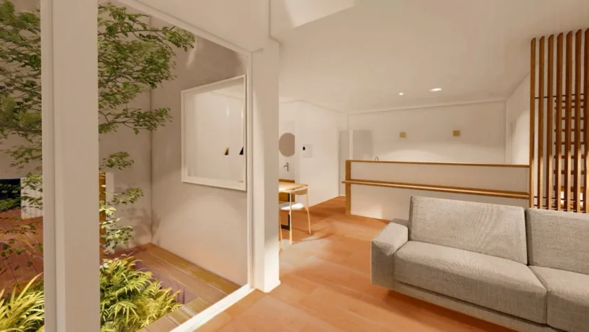 LDKのイメージ図。床は茶色いフローリング。窓の外には中庭があり木が植わっている