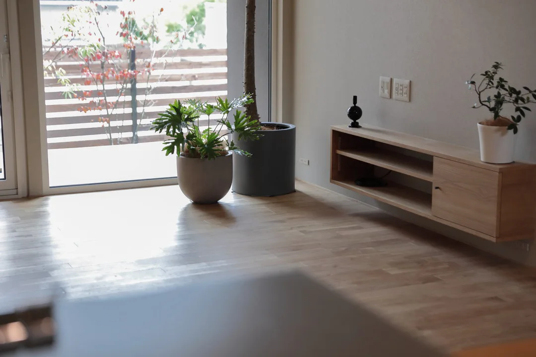 陽光が差し込む明るいリビング。造作のテレビボードと、鉢植えの観葉植物。窓の向こうには植栽と隣家の柵が見える