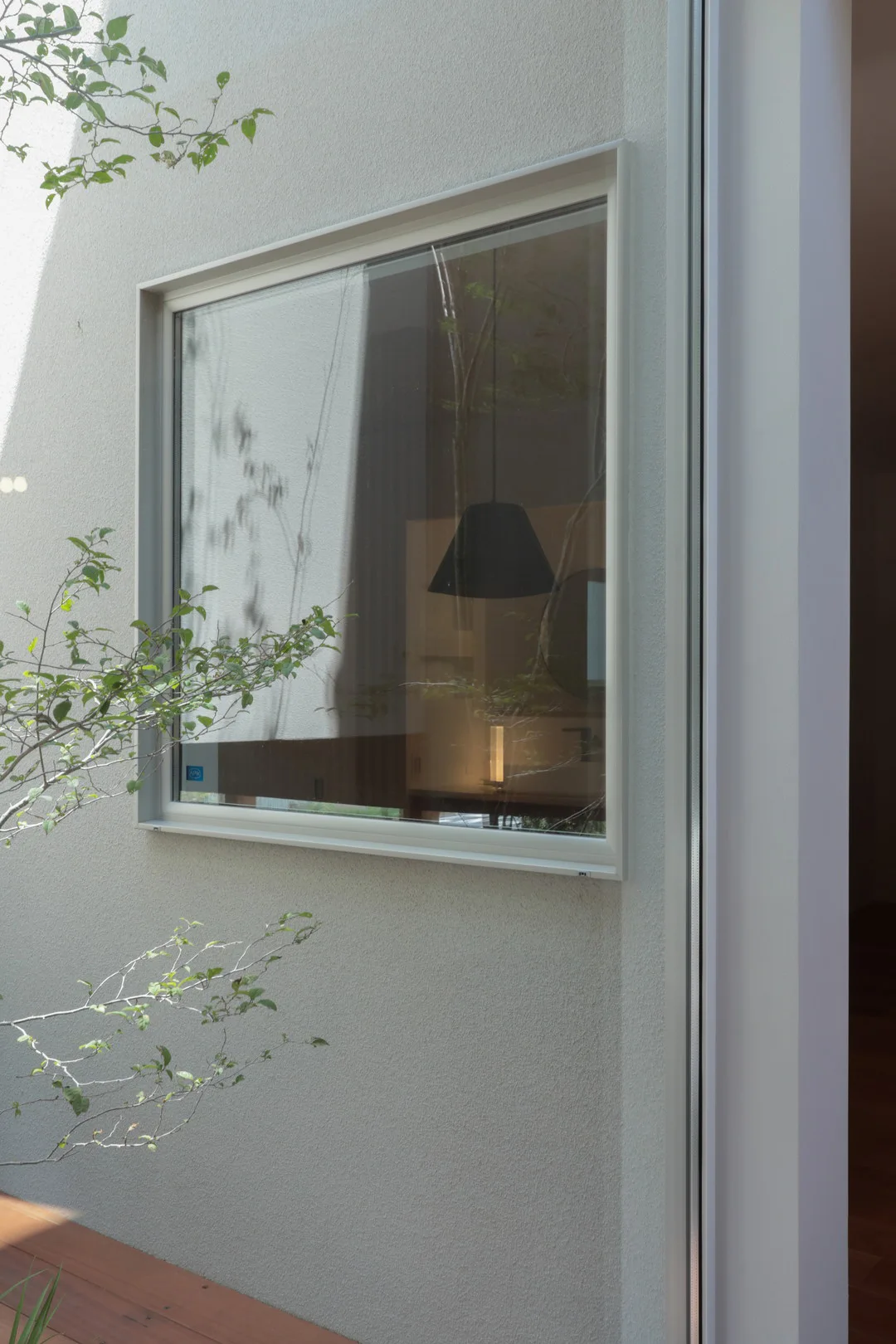 外から見た窓の様子。ガラスに植栽など中庭の景色が反射し、奥行きを感じさせる