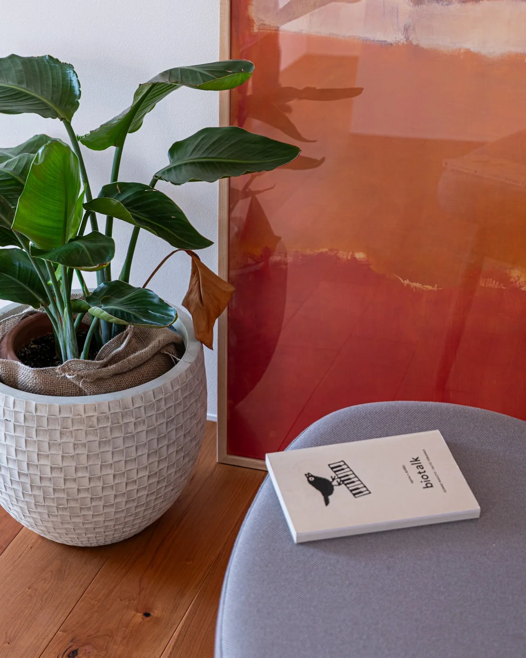 赤系のアートポスター、大きな緑の葉を持つ植物、洋書が置かれた椅子のアップ